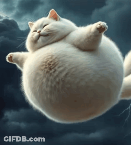 Fat White Cat Floating Eyes Closed GIF