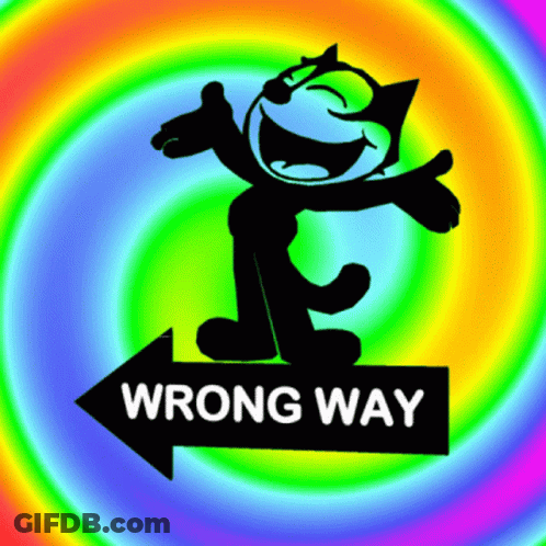 Felix The Cat With A Rainbow Background And A Sign That Says Wrong Way GIF