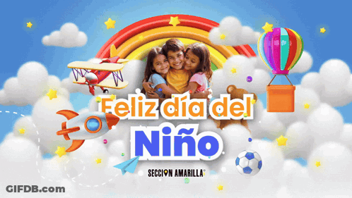 Feliz Dia Del Niño Poster With Rocket Plane And Hot Air Balloons GIF
