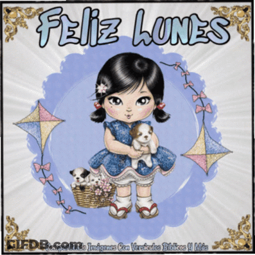 Feliz Lunes Animated Girl Carrying Puppy GIF