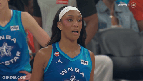 Female Basketball Player In Blue NBA All Star Jersey Thumbs Down GIF