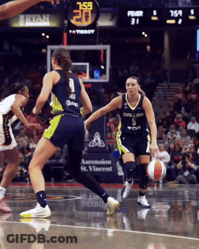 Female Basketball Player In Dallas Jersey Dribbling GIF