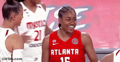Female Basketball Player In Red Atlanta 15 Jersey GIF