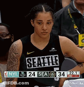 Female Basketball Player In Seattle Jersey Sitting In Stands GIF