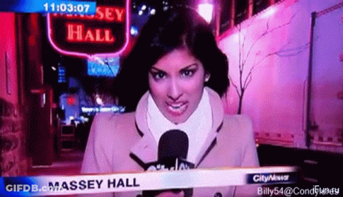 Female News Anchor Holding Microphone In Front Of Massey Hall Sign GIF