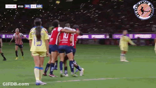 Female Soccer Players Celebrate Goal GIF