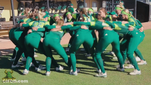 Female Softball Players Huddle With Bullpen Logo GIF