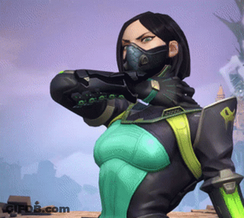 Female Video Game Character In Mask And Green Black Suit GIF
