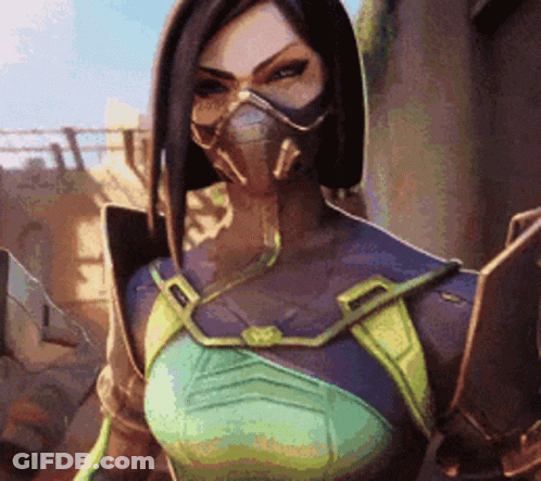 Female Video Game Character With Mask Holding Gun GIF