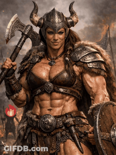 Female Viking Holding Axe And Shield GIF