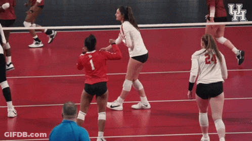 Female Volleyball Players Celebrating On Red Court GIF