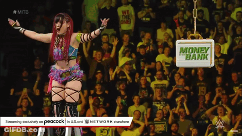 Female Wrestler In Front Of Crowd With Money Bank GIF
