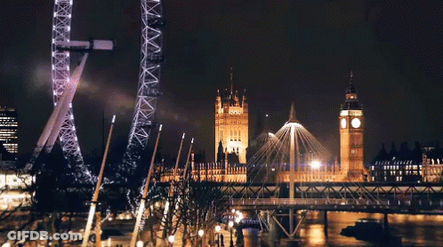 Ferris Wheel Lit Up At Night Near Big Ben GIF