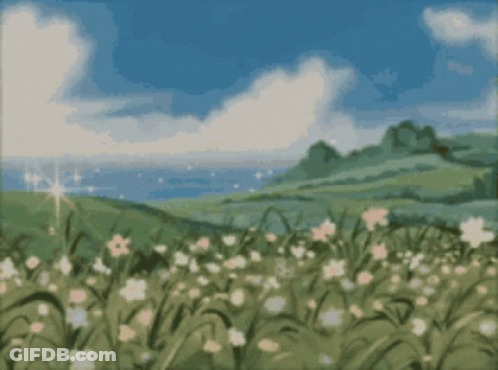 Field Of Grass And Flowers With Ocean GIF