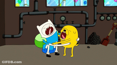 Finn And Jake Hugging With Clocks On Wall GIF