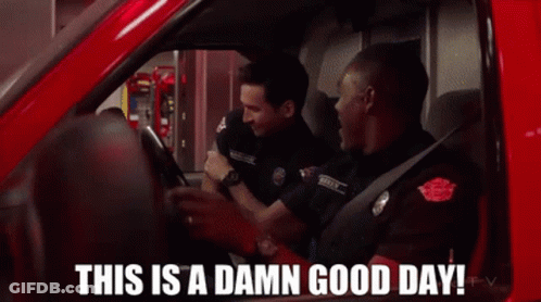 Firefighters Driving Red Truck Saying This Is A Damn Good Day GIF