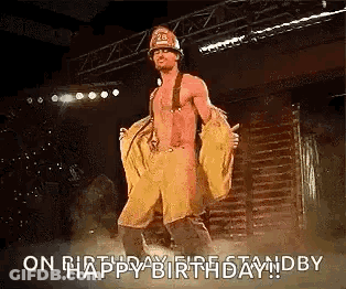 Fireman Dancing On Stage Saying Happy Birthday GIF