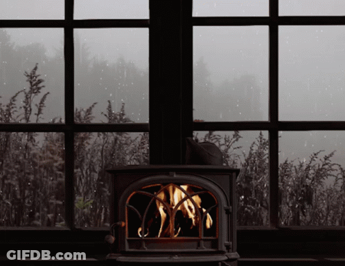 Fireplace In Front Of Window With Forest View GIF