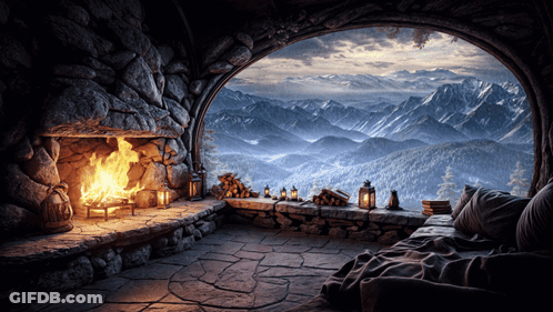 Fireplace With Mountain View GIF