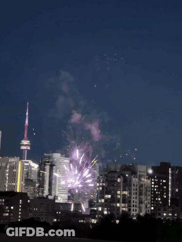 Fireworks Are Displayed In The Night Sky Over A City Skyline GIF