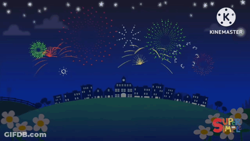 Fireworks Over City Saying Super Simple GIF