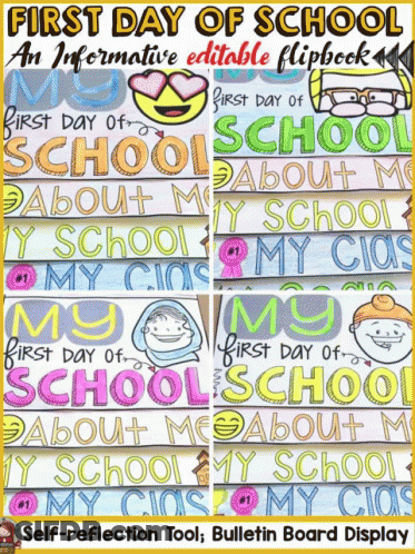 First Day Of School Editable Flipbook With Self-Reflection Tool And Bulletin Board Display GIF