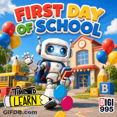 First Day Of School Robot Holding Books And Balloons GIF