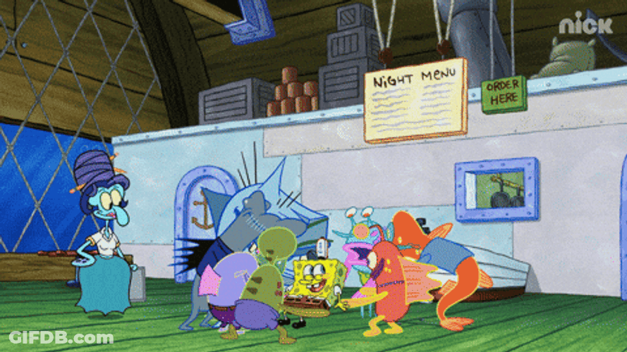 Fish Throwing SpongeBob In Air At Krusty Krab GIF