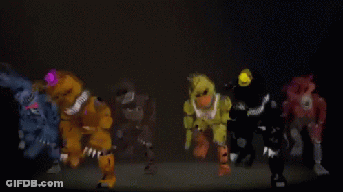 Five Nights At Freddy 'S Characters Are Dancing Together In A Dark Room . GIF