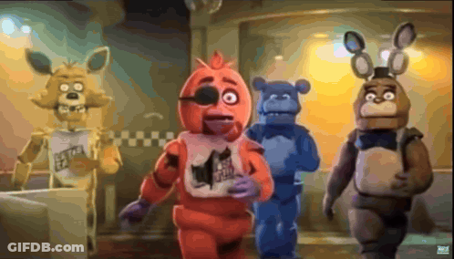 Five Nights At Freddy's Characters Walking Through Hallway GIF