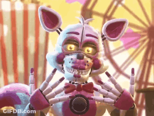 Five Nights At Freddy 'S Foxy Is Sitting In Front Of A Ferris Wheel And Making A Peace Sign . GIF