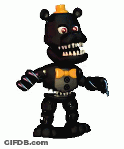 Five Nights At Freddy 'S Nightmare Foxy Is A Black Bear With A Yellow Hat And Bow Tie . GIF