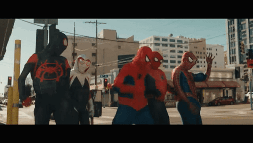 Five Spooderman Walking On Street GIF