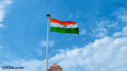 Flag Flying In Wind Under Blue Sky With Name Juttabhany GIF