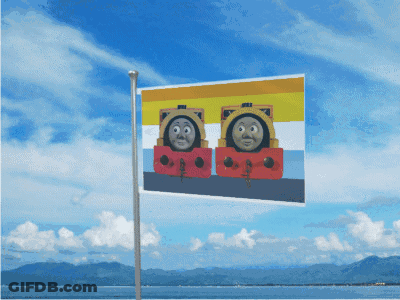 Flag With Two Train Faces GIF