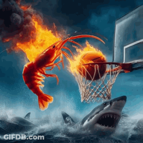 Flaming Shrimp Playing Basketball With Sharks GIF