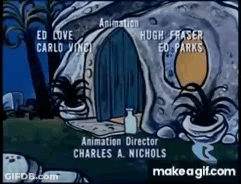 Flintstones House With Blue Door And Bottle Of Water GIF