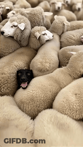 Flock Of Sheep With Dog Sticking Head Out GIF