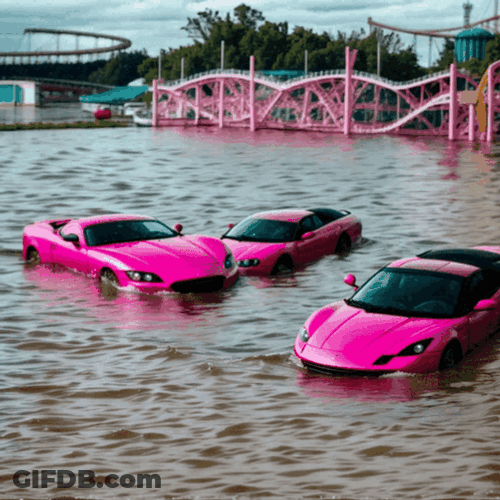 Flooded Pink Cars GIF