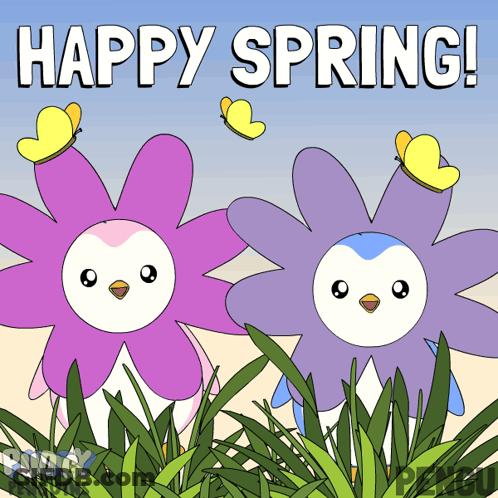 Flower Penguins With Butterflies Say Happy Spring GIF