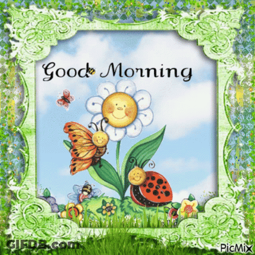 Flower With Ladybug And Butterfly Saying Good Morning GIF