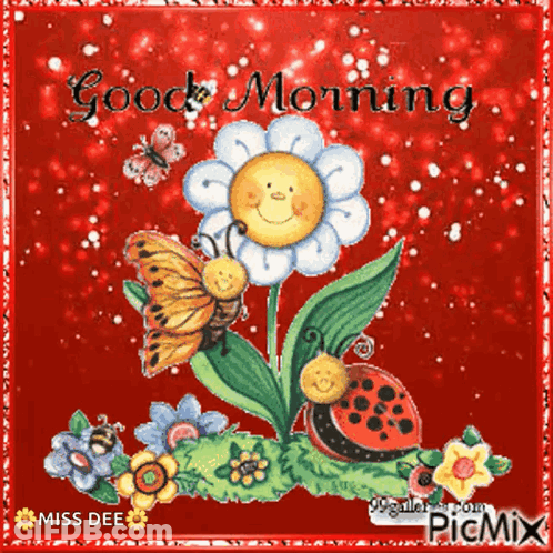 Flower With Ladybug And Butterfly Saying Good Morning GIF