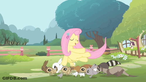 Fluttershy Surrounded By Rabbits And Raccoon GIF