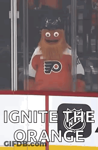 Flyers Mascot Sitting Behind Glass Wall GIF