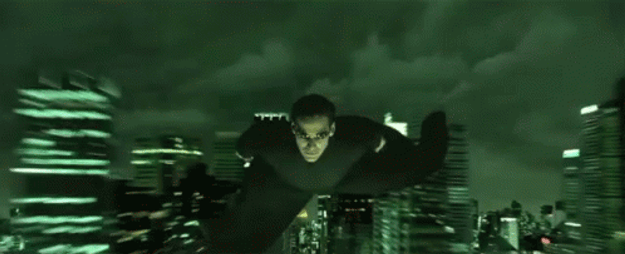 Flying Neo In City In Matrix GIF