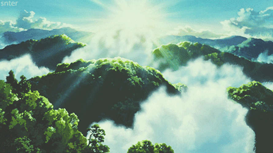 Foggy Mountains Anime Scenery GIF