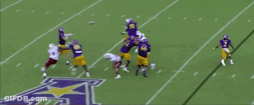 Football Game Players In Purple And Yellow Jerseys GIF