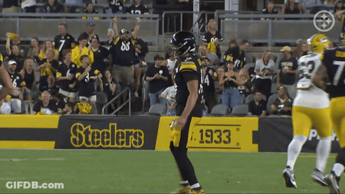 Football Player In Front Of Steelers Banner GIF
