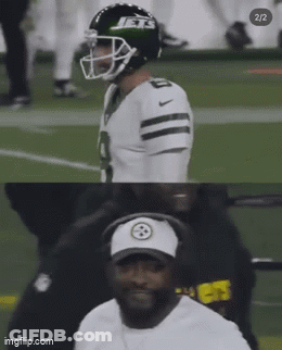 Football Player In Jets Helmet Next To Man In Steelers Hat GIF