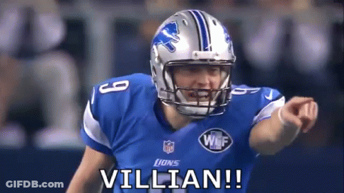 Football Player In Lions Jersey Pointing Saying Villain GIF